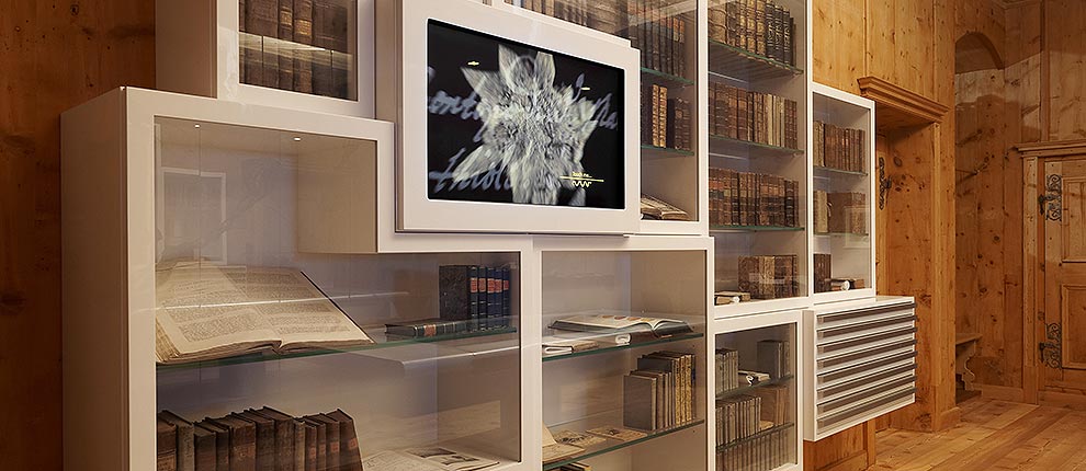 Bibliothek im Pharmaziemuseum Brixen, Entwurf von Walter Angonese. Ausgeführt von Barth Innenausbau, Brixen. Digitales Herbarium